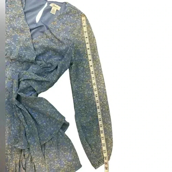 Light Blue with Yellow Floral Japna Long Sleeve Smocked Waist Mini Dress Size L - Picture 11 of 13